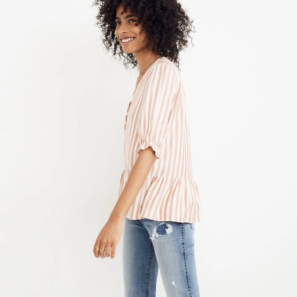 Madewell Courtyard Ruffle Women's Striped Tan Top Size Small - Picture 2 of 14